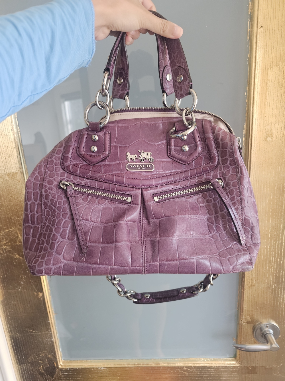 Vintage Coach Purple Mauve Croc-Embossed Leather Madison Audrey Silver Hardware